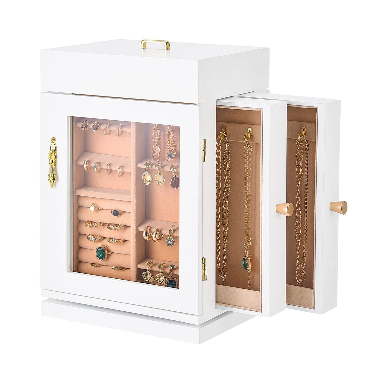 Jewelry Box, 360° Rotating Jewelry Organizer with Magnetic Door, Acrylic Window and Built-in 4 Necklace Hooks, Spacious Storage Case with Metal Handles, Bottom Pad and Soft Flannel Lining, White