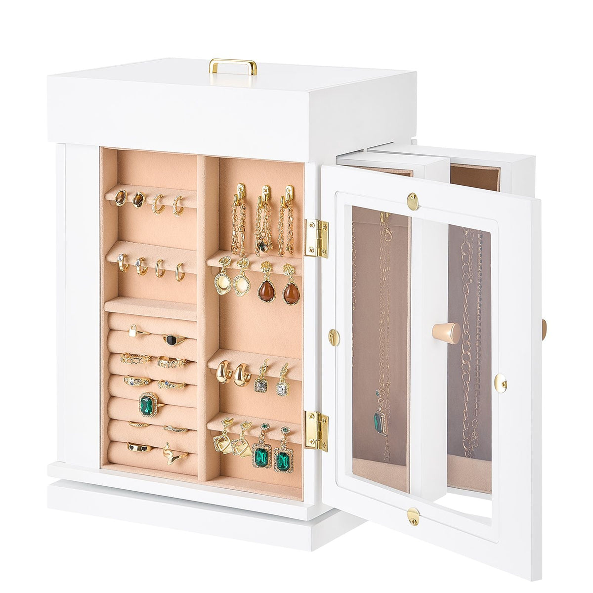 Jewelry Box, 360° Rotating Jewelry Organizer with Magnetic Door, Acrylic Window and Built-in 4 Necklace Hooks, Spacious Storage Case with Metal Handles, Bottom Pad and Soft Flannel Lining, White