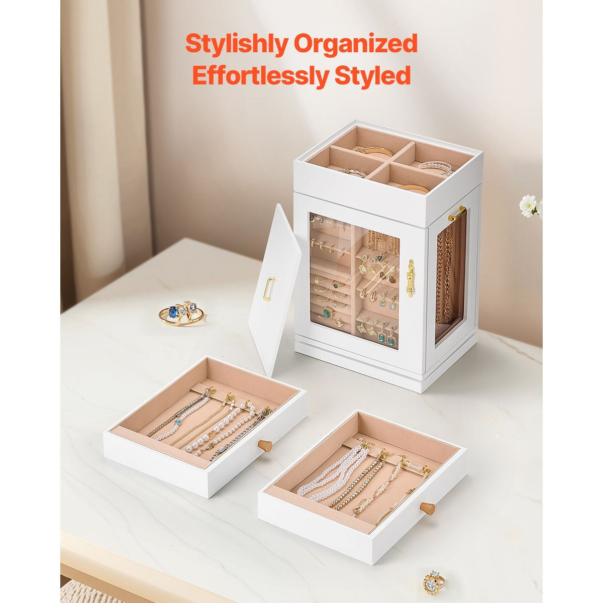 Jewelry Box, 360° Rotating Jewelry Organizer with Magnetic Door, Acrylic Window and Built-in 4 Necklace Hooks, Spacious Storage Case with Metal Handles, Bottom Pad and Soft Flannel Lining, White