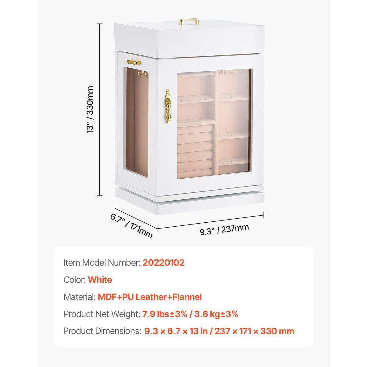 Jewelry Box, 360° Rotating Jewelry Organizer with Magnetic Door, Acrylic Window and Built-in 4 Necklace Hooks, Spacious Storage Case with Metal Handles, Bottom Pad and Soft Flannel Lining, White