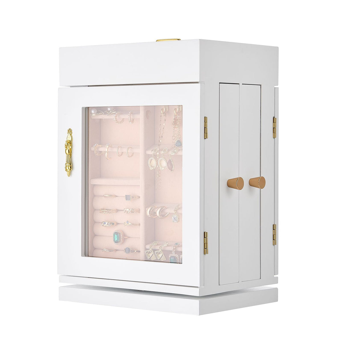 Jewelry Box, 360° Rotating Jewelry Organizer with Magnetic Door, Acrylic Window and Built-in 4 Necklace Hooks, Spacious Storage Case with Metal Handles, Bottom Pad and Soft Flannel Lining, White