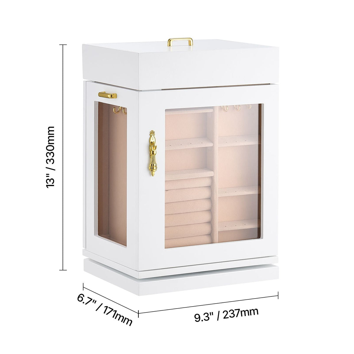Jewelry Box, 360° Rotating Jewelry Organizer with Magnetic Door, Acrylic Window and Built-in 4 Necklace Hooks, Spacious Storage Case with Metal Handles, Bottom Pad and Soft Flannel Lining, White