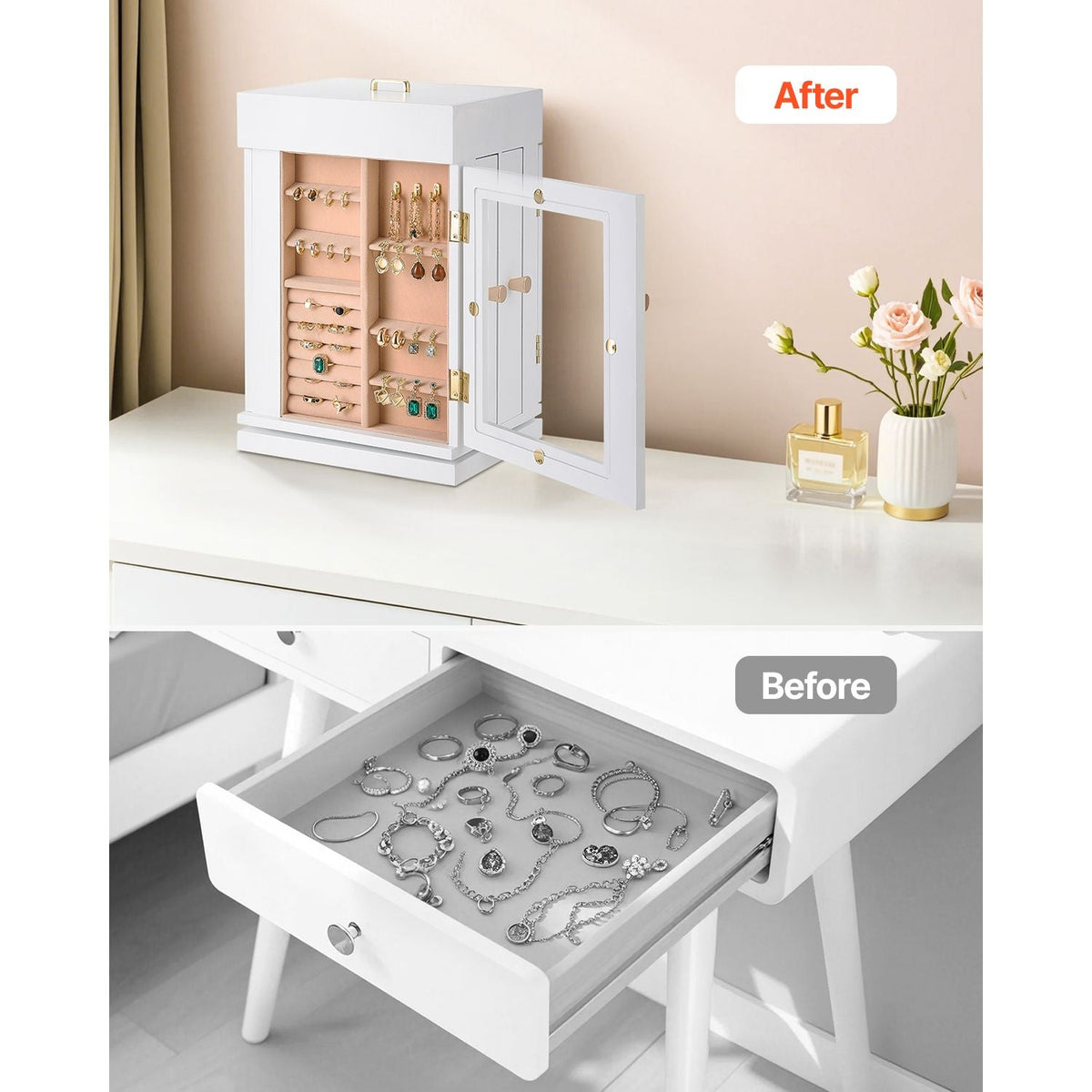 Jewelry Box, 360° Rotating Jewelry Organizer with Magnetic Door, Acrylic Window and Built-in 4 Necklace Hooks, Spacious Storage Case with Metal Handles, Bottom Pad and Soft Flannel Lining, White