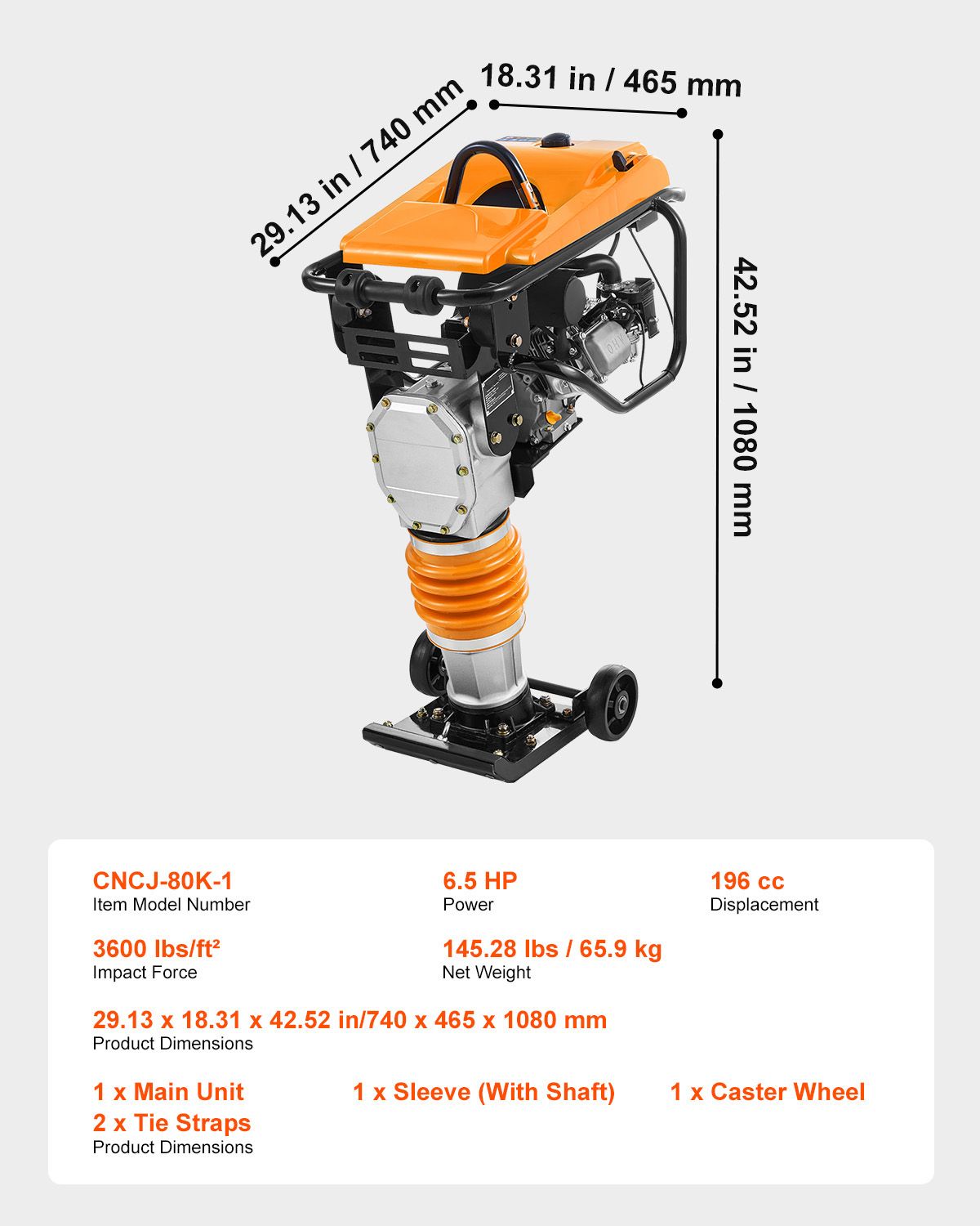 Jumping Jack Compactor, 6.5 HP Vibratory Rammer Fuel-Powered 196 cc Engine Tamper, 3600 lbs Impact Force, 26" Max Compaction Depth, for Soil, Gravel, Footings, Concrete Slabs, and Foundations