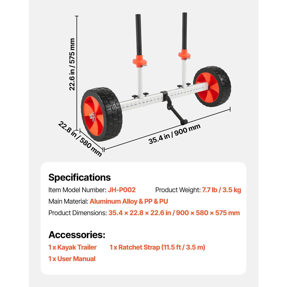 Kayak Cart, 230 lbs Load Capacity, Canoe Cart Dolly with 10-inch Solid PU Tires & Kickstand, Assembles & Disassembles Within Seconds, Paddle Board Trolley for Kayaks, Canoes, Paddleboards