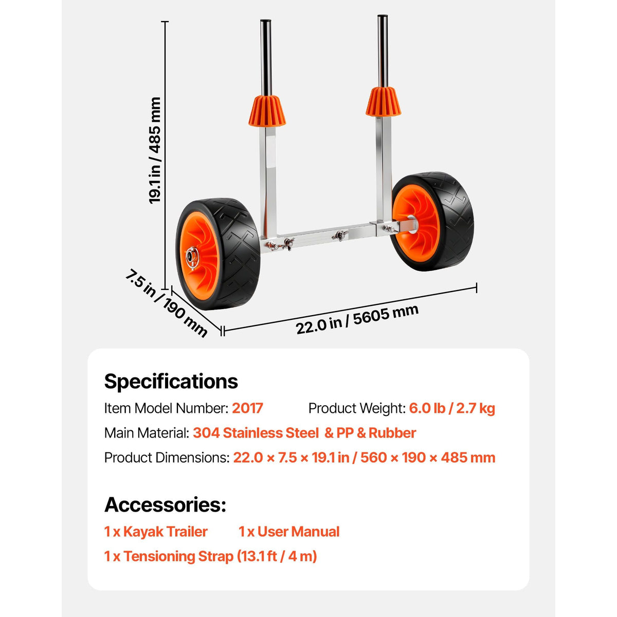 Kayak Cart, 250 lbs Load Capacity, Canoe Cart Dolly with 7.5-inch Solid Rubber Tires & Kickstand, Assembles & Disassembles Within Seconds, Paddle Board Trolley for Kayaks, Canoes, Paddleboards