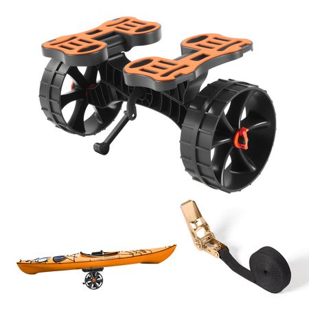 Kayak Cart, 300 lbs Load Capacity, Foldable Kayak Trolley with 10-inch Solid Rubber Tires & 1 Ratchet Strap, Paddle Board Trolley for Carrying Kayaks, Canoes, Paddleboards, Float Mats, Jon Boats