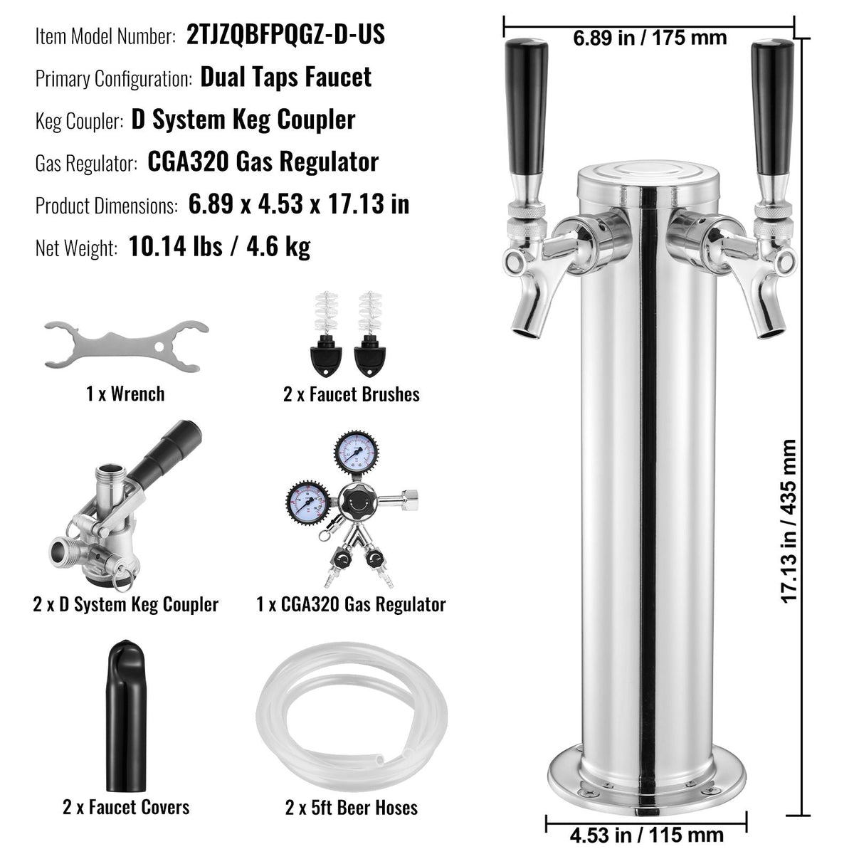 Kegerator Tower Kit, Dual Taps Beer Conversion Kit, Stainless Steel Keg Beer Tower Dispenser with Dual Gauge CGA320 Regulator & D-System Keg Coupler, Self-Closing Spring for Party Bar Home