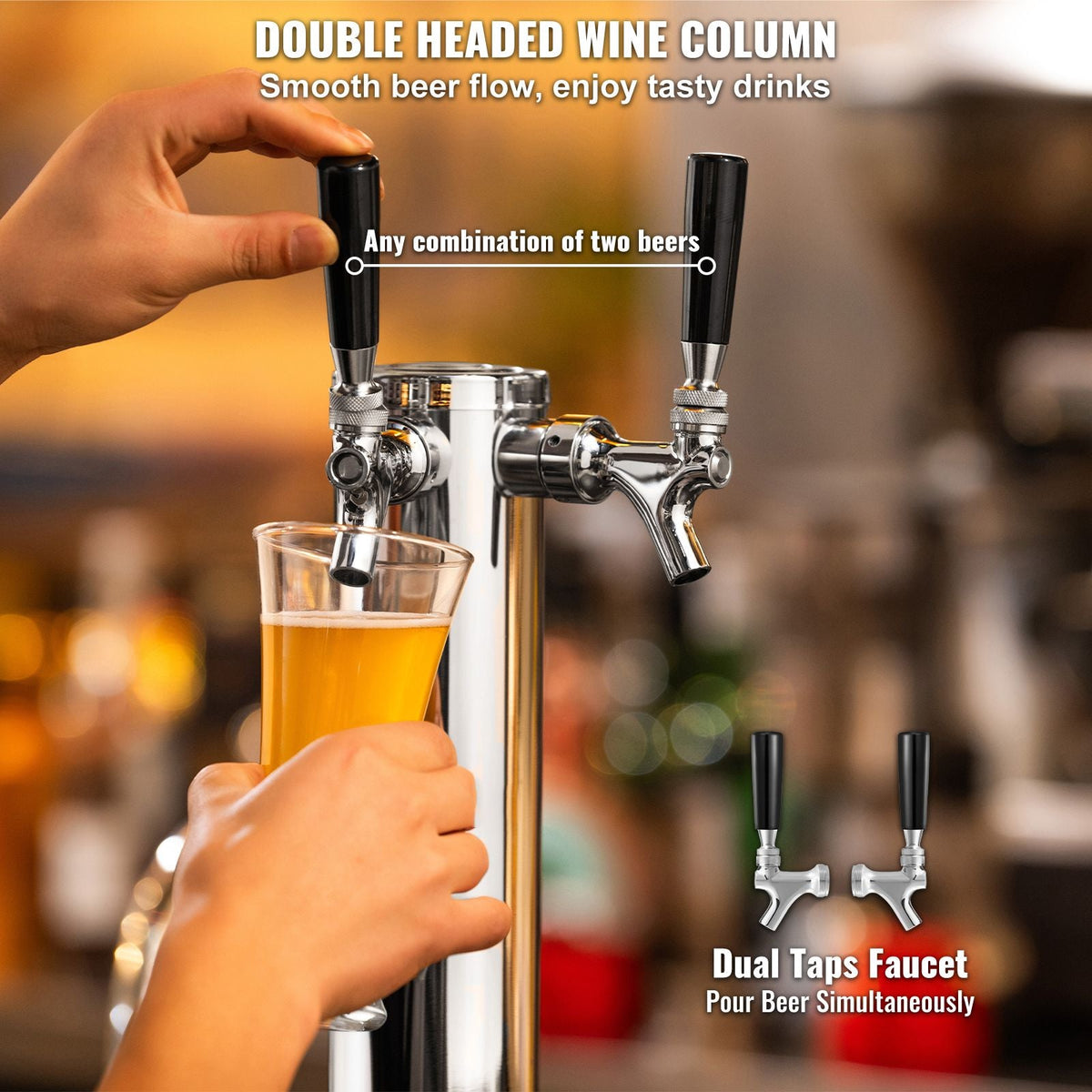 Kegerator Tower Kit, Dual Taps Beer Conversion Kit, Stainless Steel Keg Beer Tower Dispenser with Dual Gauge CGA320 Regulator & D-System Keg Coupler, Self-Closing Spring for Party Bar Home