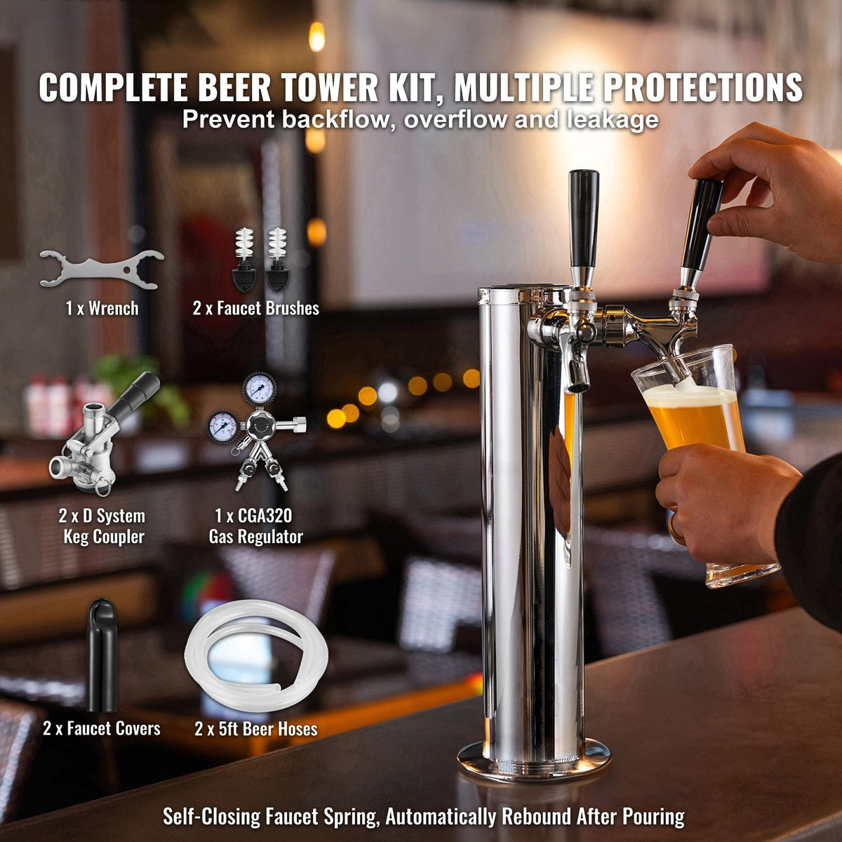 Kegerator Tower Kit, Dual Taps Beer Conversion Kit, Stainless Steel Keg Beer Tower Dispenser with Dual Gauge CGA320 Regulator & D-System Keg Coupler, Self-Closing Spring for Party Bar Home