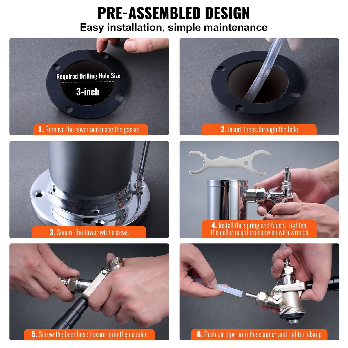 Kegerator Tower Kit, Dual Taps Beer Conversion Kit, Stainless Steel Keg Beer Tower Dispenser with Dual Gauge CGA320 Regulator & D-System Keg Coupler, Self-Closing Spring for Party Bar Home