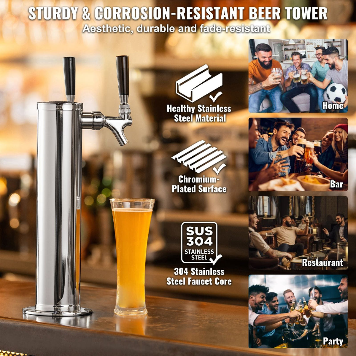 Kegerator Tower Kit, Dual Taps Beer Conversion Kit, Stainless Steel Keg Beer Tower Dispenser with Dual Gauge CGA320 Regulator & D-System Keg Coupler, Self-Closing Spring for Party Bar Home