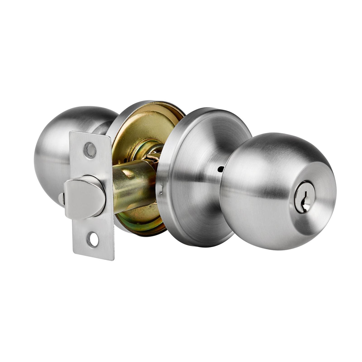 Keyed Entry Door Knob, Satin Nickel Door Knob with Round Ball, Keyed Exterior & Thumb Turn Lock Interior, All Metal Doorknobs Hardware with Lock and Keys, Modern Design for Bedroom & Bathroom