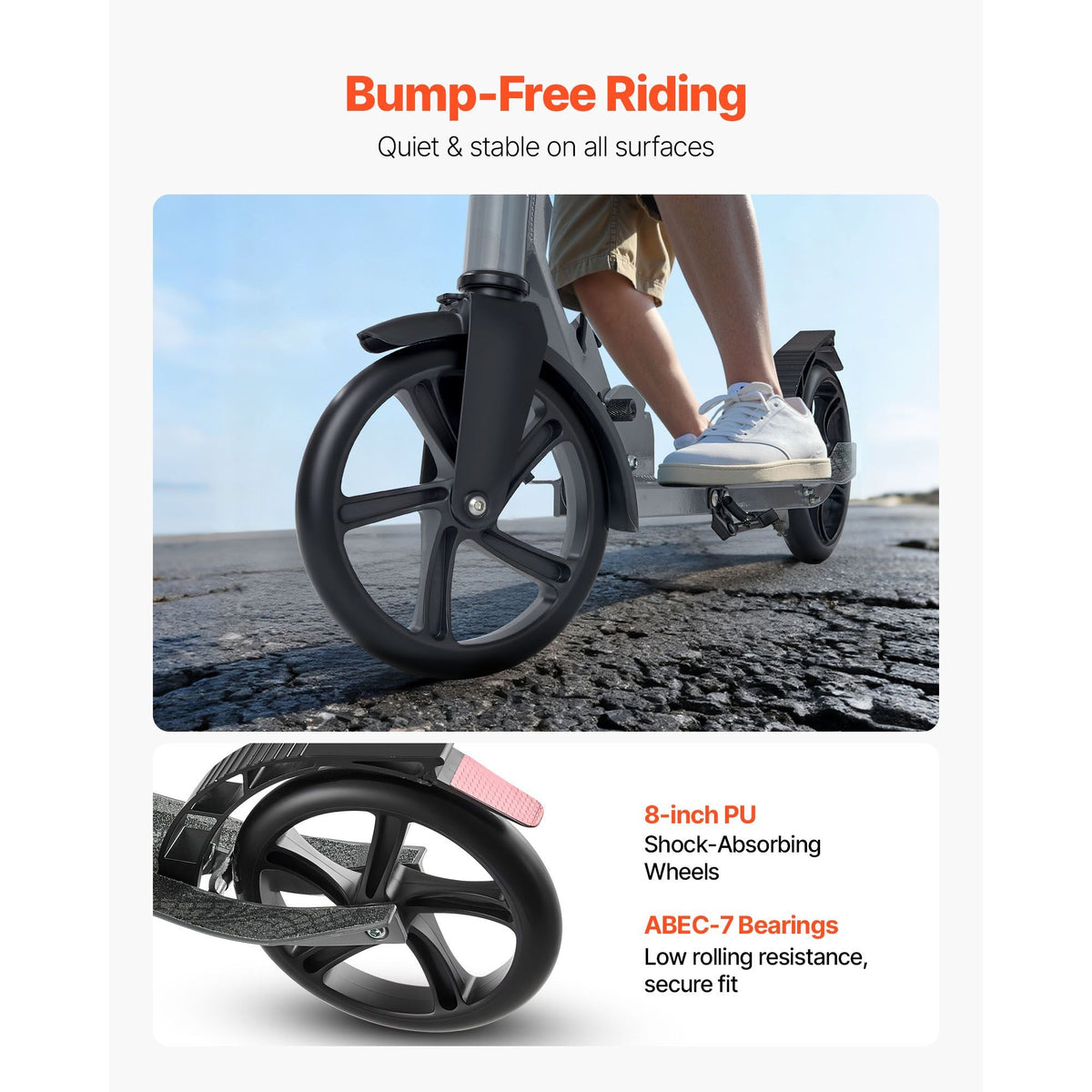 Kick Scooter for Kids Ages 8+, Teens & Adults, 2-Wheel Toddler Scooter with Adjustable Height Handlebar, Wide Anti-Slip Deck, Foldable Lightweight Frame for Boys & Girls up to 220 lbs, Gray