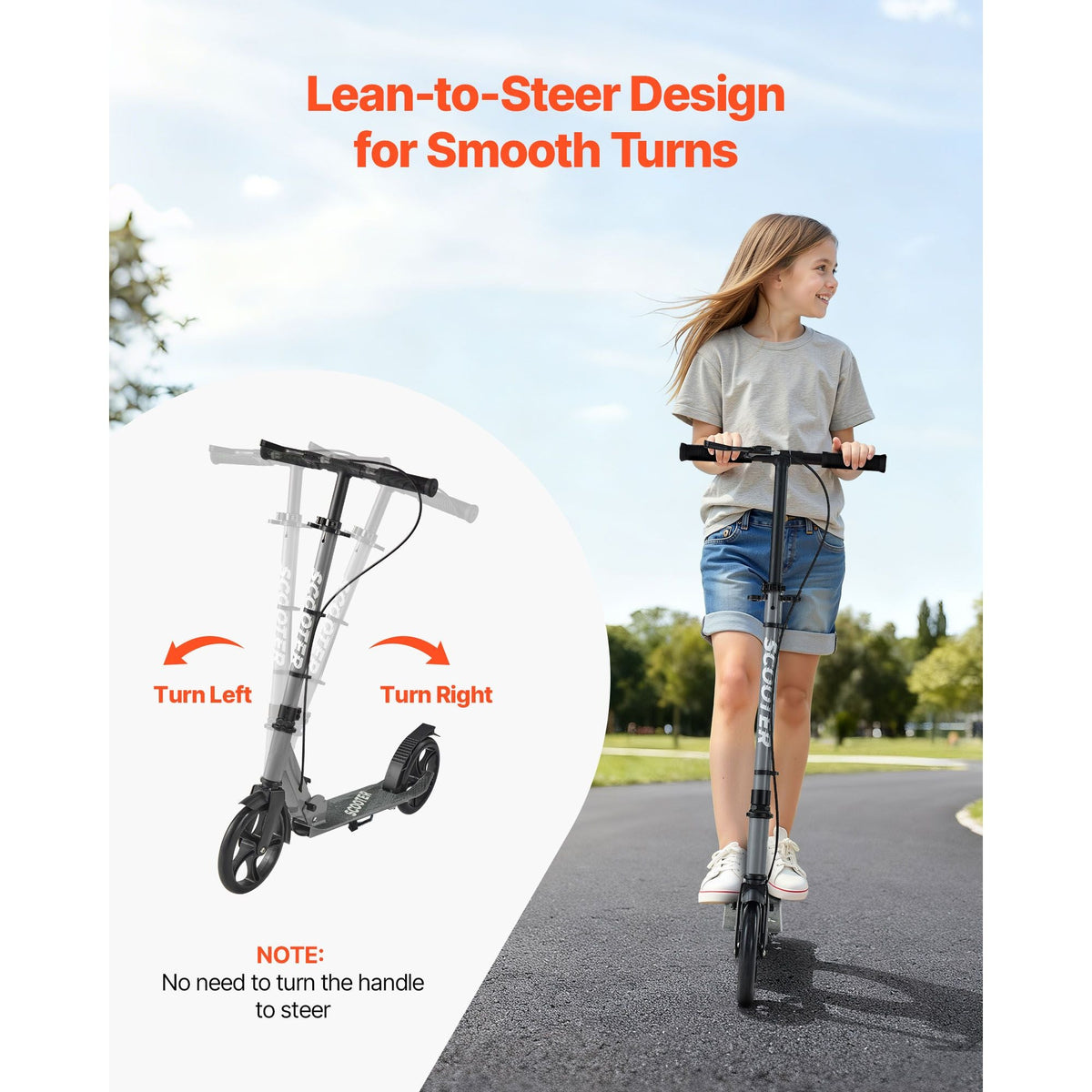 Kick Scooter for Kids Ages 8+, Teens & Adults, 2-Wheel Toddler Scooter with Adjustable Height Handlebar, Wide Anti-Slip Deck, Foldable Lightweight Frame for Boys & Girls up to 220 lbs, Gray