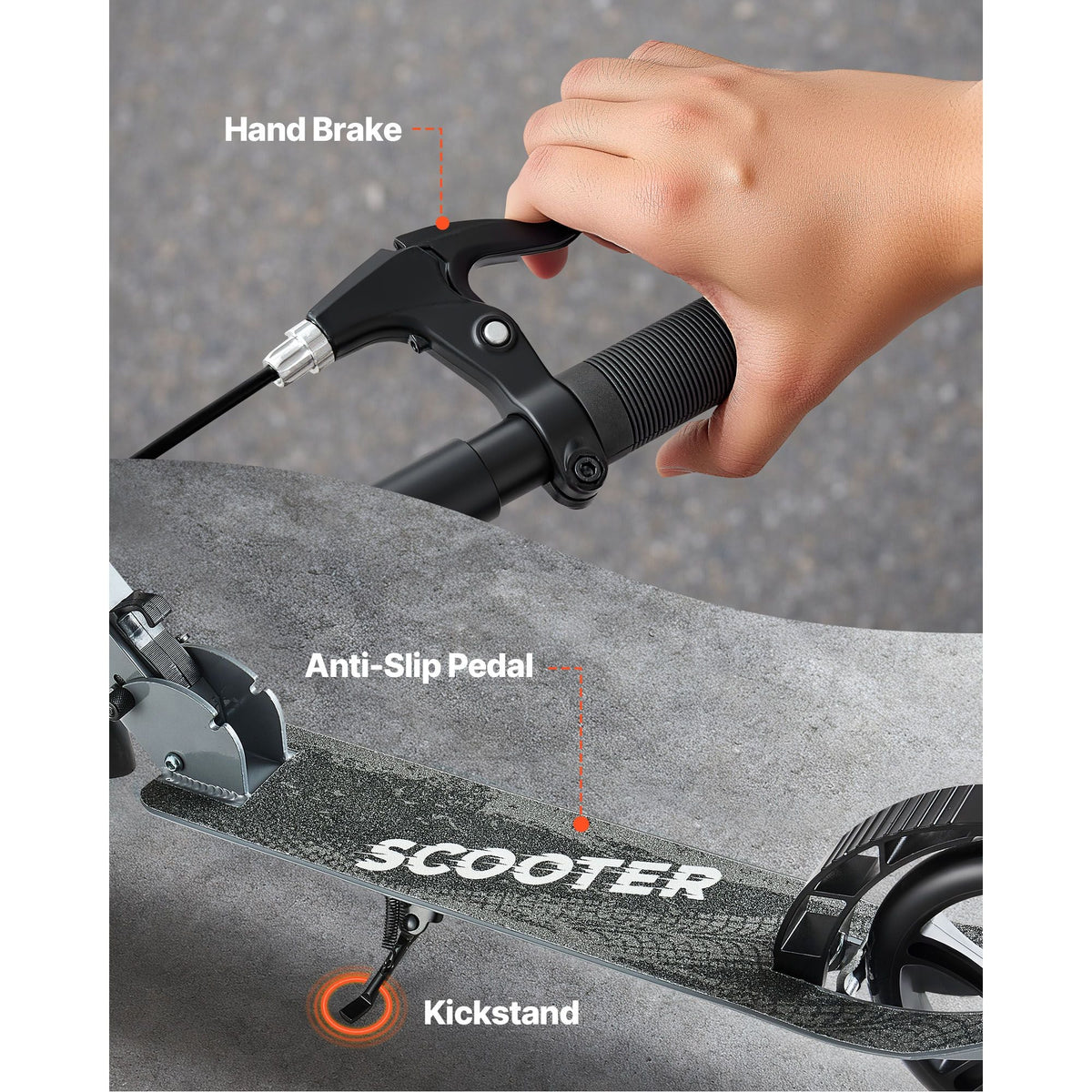 Kick Scooter for Kids Ages 8+, Teens & Adults, 2-Wheel Toddler Scooter with Adjustable Height Handlebar, Wide Anti-Slip Deck, Foldable Lightweight Frame for Boys & Girls up to 220 lbs, Gray