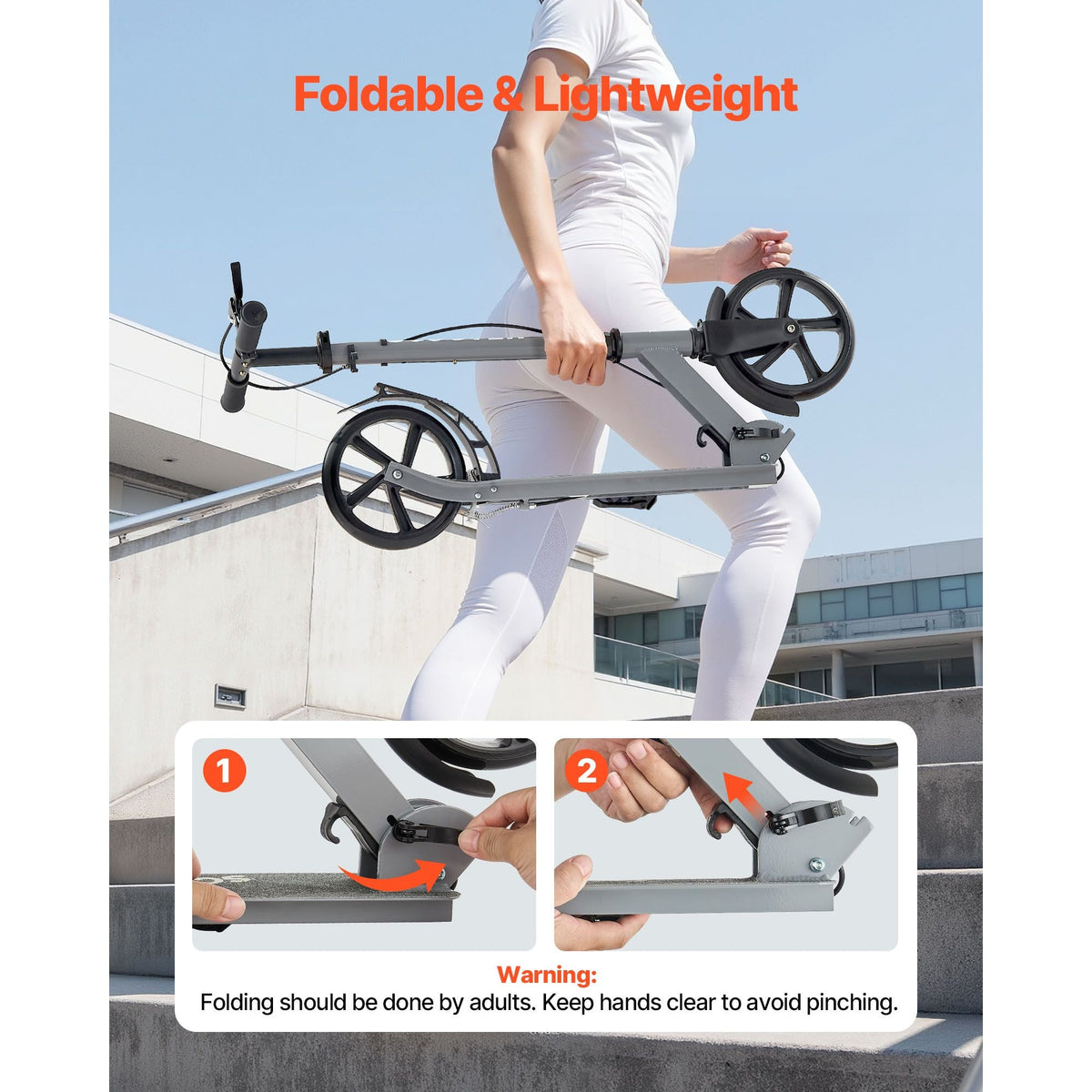 Kick Scooter for Kids Ages 8+, Teens & Adults, 2-Wheel Toddler Scooter with Adjustable Height Handlebar, Wide Anti-Slip Deck, Foldable Lightweight Frame for Boys & Girls up to 220 lbs, Gray