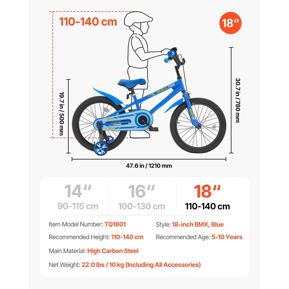 Kids Bike, 18 Inches BMX Style Children Bicycle, Rider Height 3.61 ft - 4.59 ft, Training Wheels Included, Sturdy and Easy to Assemble, Toddler Bike for Boys & Girls Learning to Ride, Blue