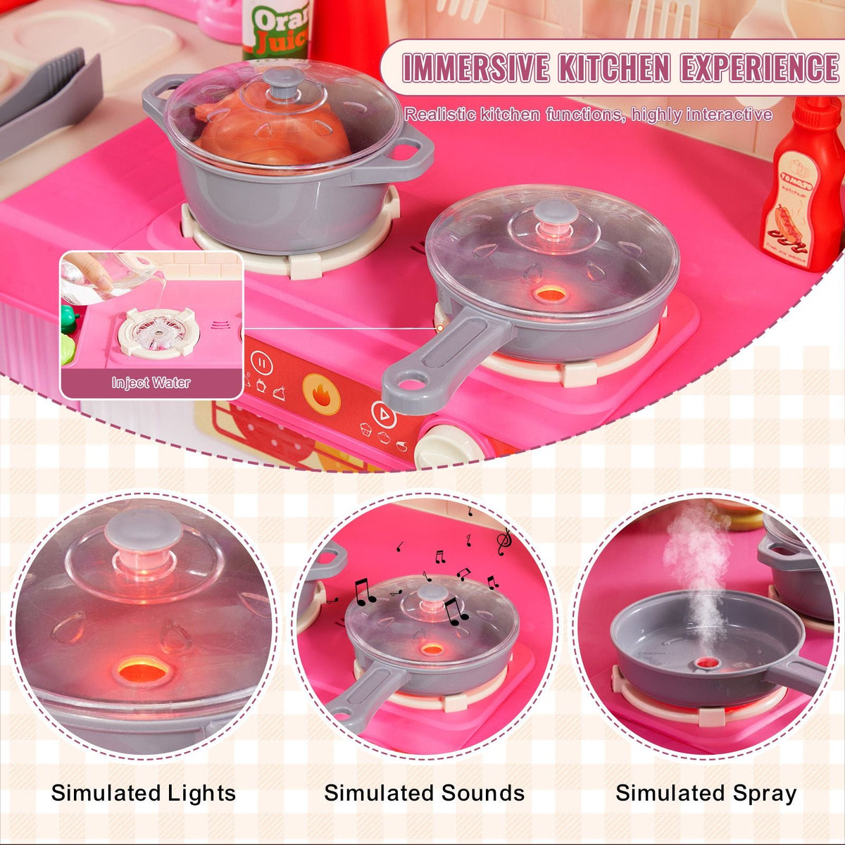 Kids Kitchen Playset, 3-in-1 Toddler Kitchen with Simulated Spray, Sounds and Lights, Play Kitchen Set with 74 PCS Cooking Accessory Set for Toddlers, Preschoolers, Children Ages 3-8, Pink