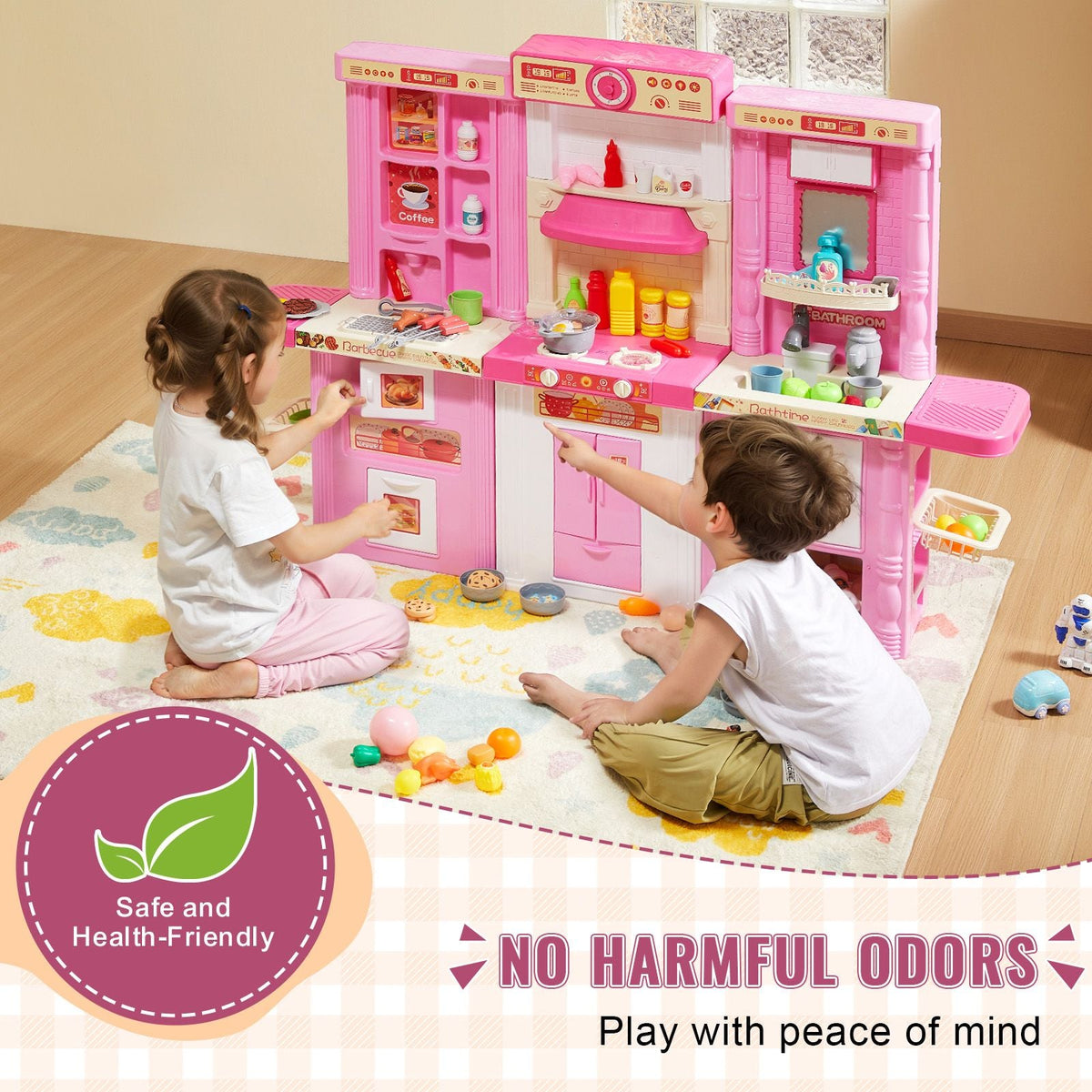 Kids Kitchen Playset, 3-in-1 Toddler Kitchen with Simulated Spray, Sounds and Lights, Play Kitchen Set with 74 PCS Cooking Accessory Set for Toddlers, Preschoolers, Children Ages 3-8, Pink