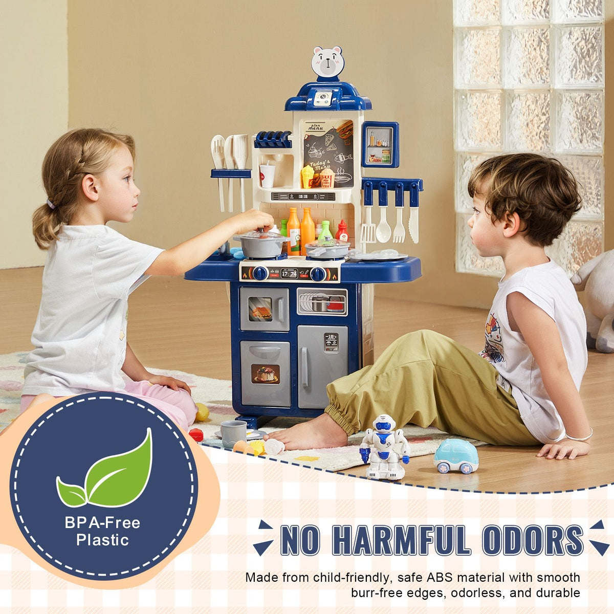Kids Kitchen Playset, Toddler Kitchen with Cooking Stove with Steam, Sounds and Lights, Play Kitchen Set with 48 PCS Cooking Accessory Set for Toddlers, Preschoolers, Children Ages 3-5, Blue