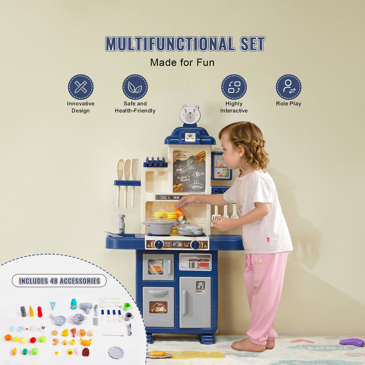 Kids Kitchen Playset, Toddler Kitchen with Cooking Stove with Steam, Sounds and Lights, Play Kitchen Set with 48 PCS Cooking Accessory Set for Toddlers, Preschoolers, Children Ages 3-5, Blue