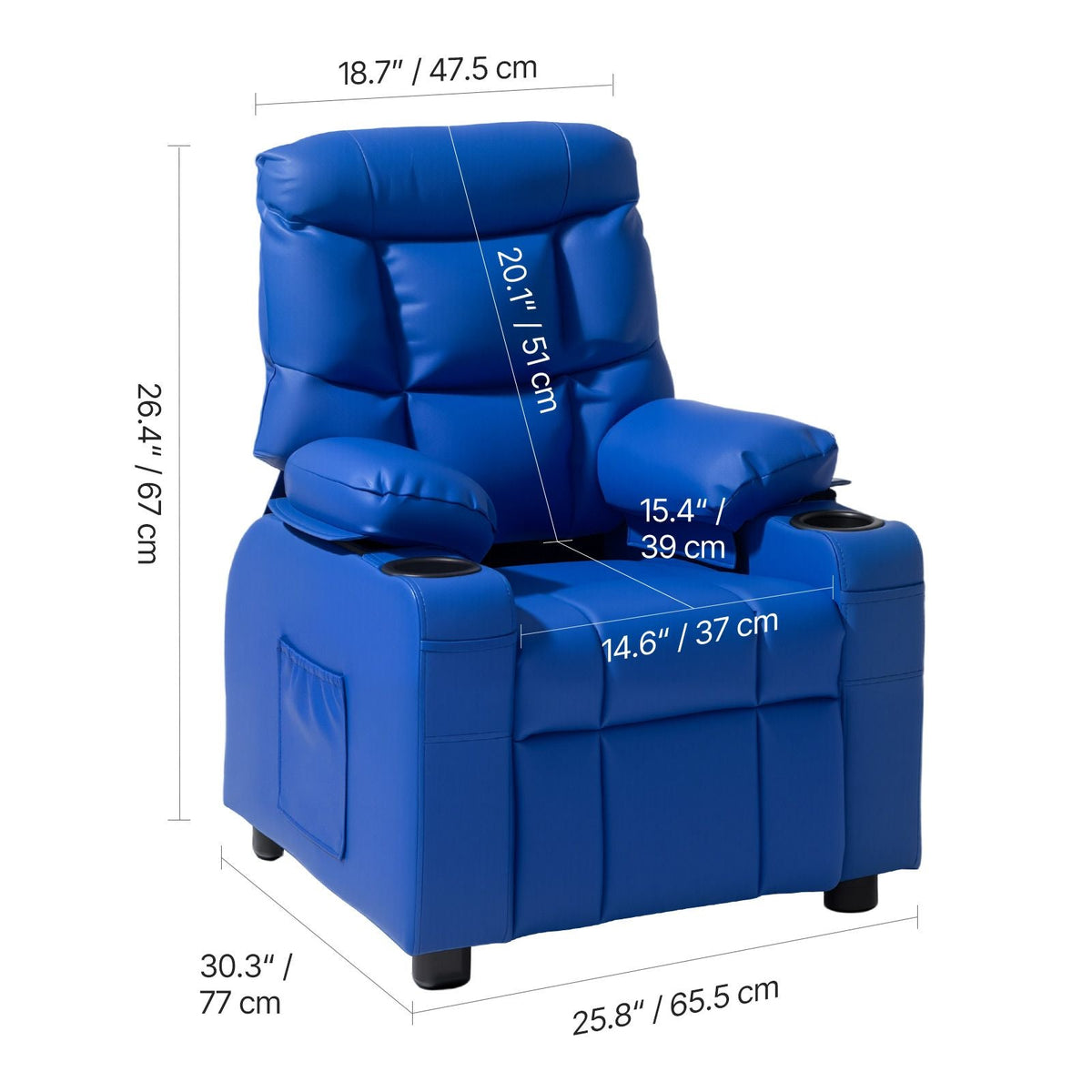 Kids Reclining Chair, Toddler Recliner with Cup Holders and Pockets, 107° to 126° Adjustable Backrest, Easy-to-Clean PU Leather Recliner Couch with Footrest, for Boys & Girls, Children (Blue)