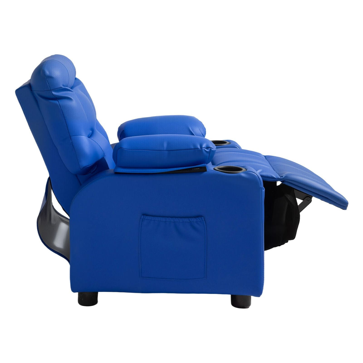 Kids Reclining Chair, Toddler Recliner with Cup Holders and Pockets, 107° to 126° Adjustable Backrest, Easy-to-Clean PU Leather Recliner Couch with Footrest, for Boys & Girls, Children (Blue)