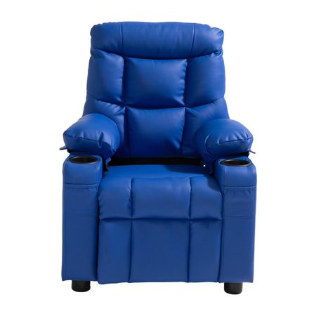 Kids Reclining Chair, Toddler Recliner with Cup Holders and Pockets, 107° to 126° Adjustable Backrest, Easy-to-Clean PU Leather Recliner Couch with Footrest, for Boys & Girls, Children (Blue)