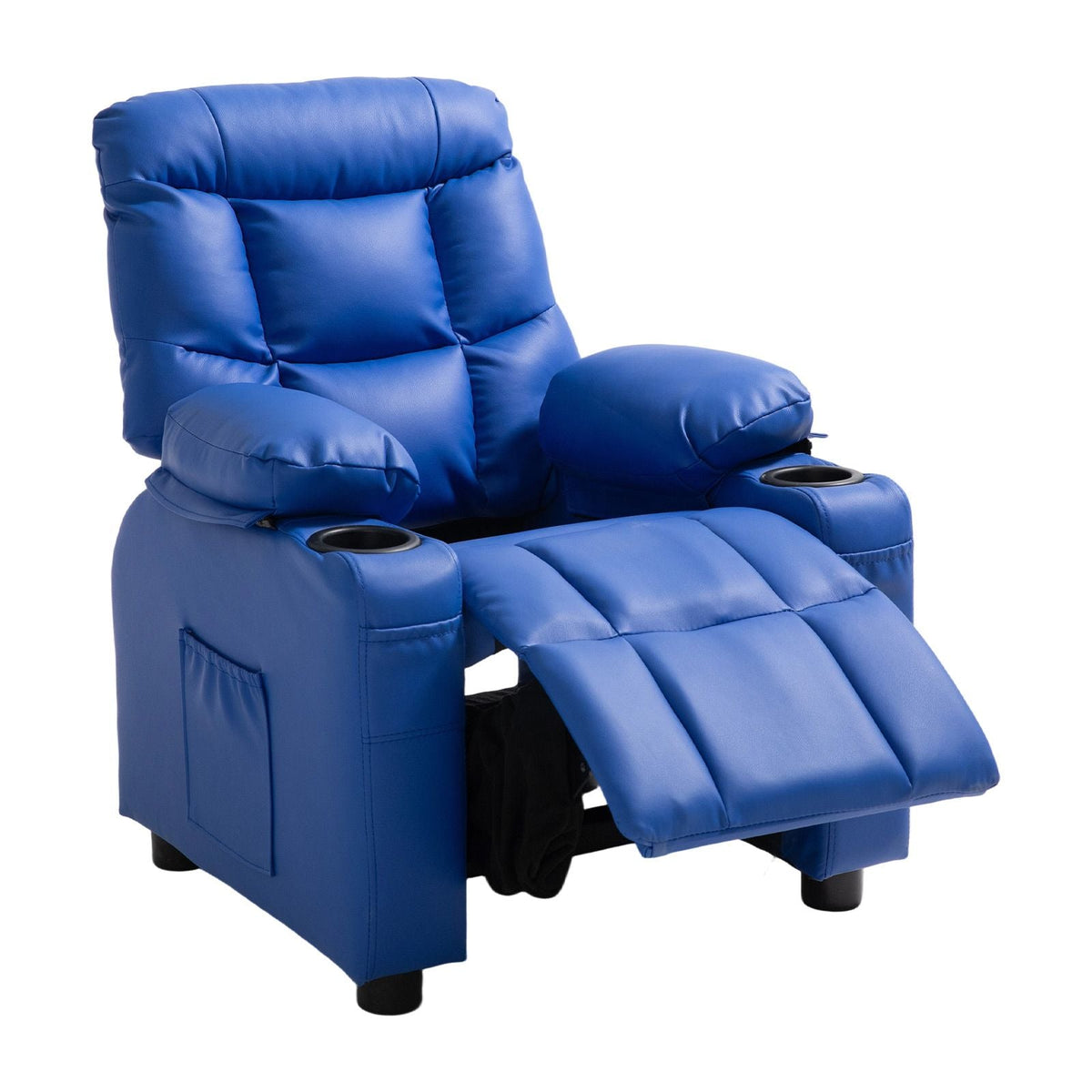 Kids Reclining Chair, Toddler Recliner with Cup Holders and Pockets, 107° to 126° Adjustable Backrest, Easy-to-Clean PU Leather Recliner Couch with Footrest, for Boys & Girls, Children (Blue)