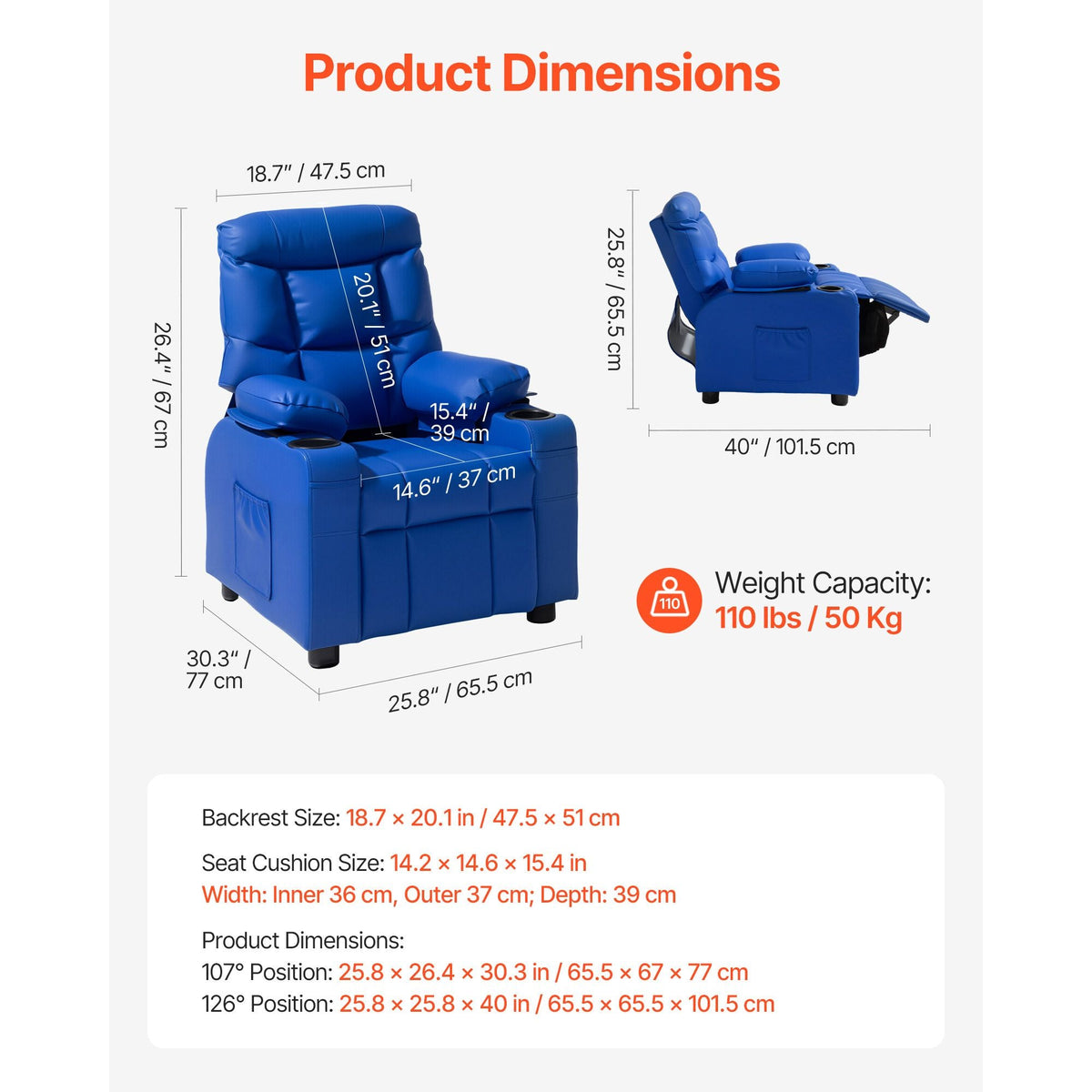 Kids Reclining Chair, Toddler Recliner with Cup Holders and Pockets, 107° to 126° Adjustable Backrest, Easy-to-Clean PU Leather Recliner Couch with Footrest, for Boys & Girls, Children (Blue)