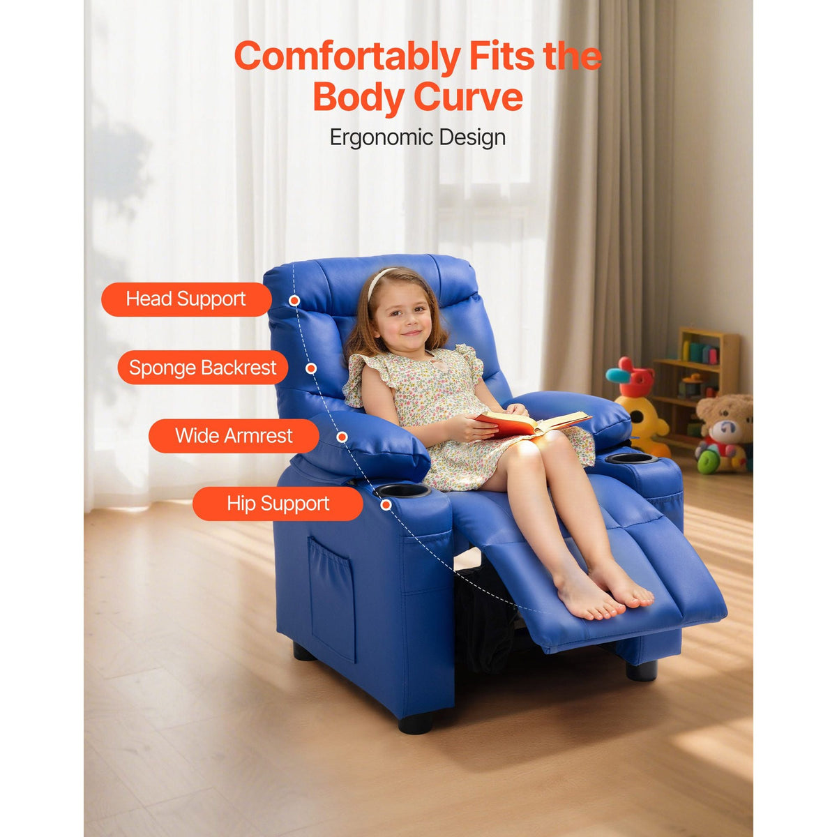 Kids Reclining Chair, Toddler Recliner with Cup Holders and Pockets, 107° to 126° Adjustable Backrest, Easy-to-Clean PU Leather Recliner Couch with Footrest, for Boys & Girls, Children (Blue)