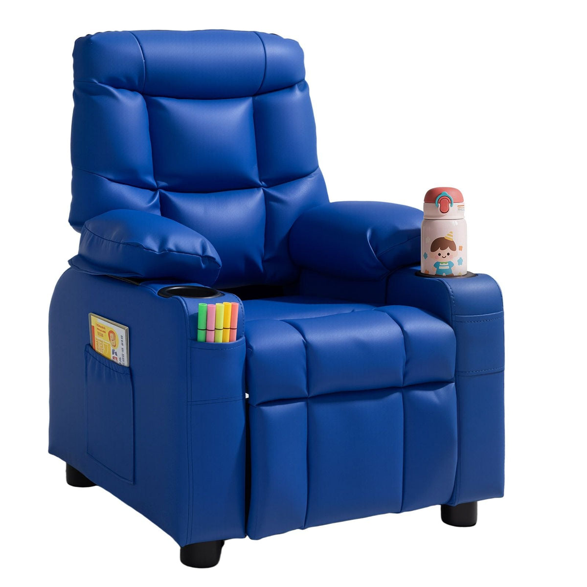 Kids Reclining Chair, Toddler Recliner with Cup Holders and Pockets, 107° to 126° Adjustable Backrest, Easy-to-Clean PU Leather Recliner Couch with Footrest, for Boys & Girls, Children (Blue)