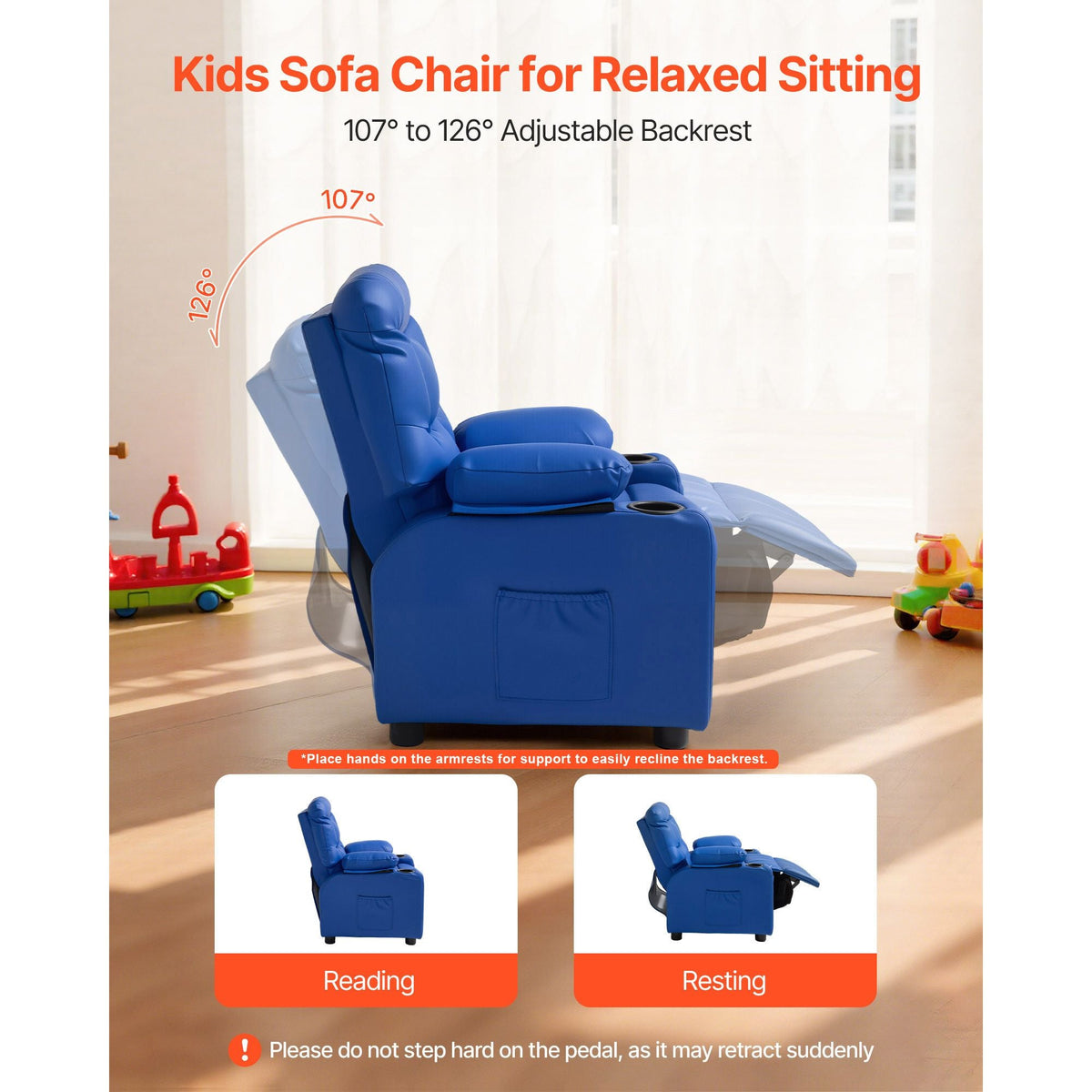 Kids Reclining Chair, Toddler Recliner with Cup Holders and Pockets, 107° to 126° Adjustable Backrest, Easy-to-Clean PU Leather Recliner Couch with Footrest, for Boys & Girls, Children (Blue)