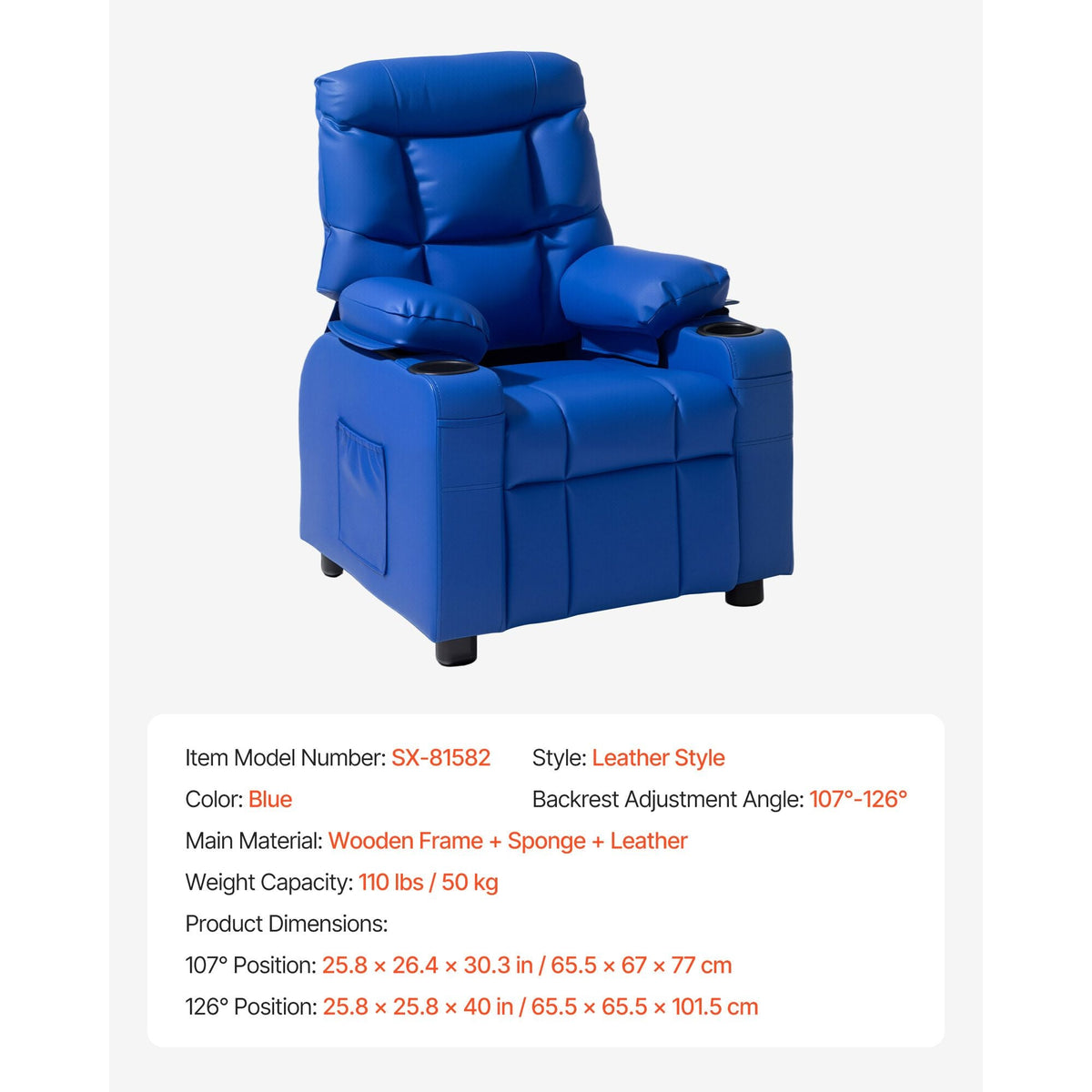 Kids Reclining Chair, Toddler Recliner with Cup Holders and Pockets, 107° to 126° Adjustable Backrest, Easy-to-Clean PU Leather Recliner Couch with Footrest, for Boys & Girls, Children (Blue)