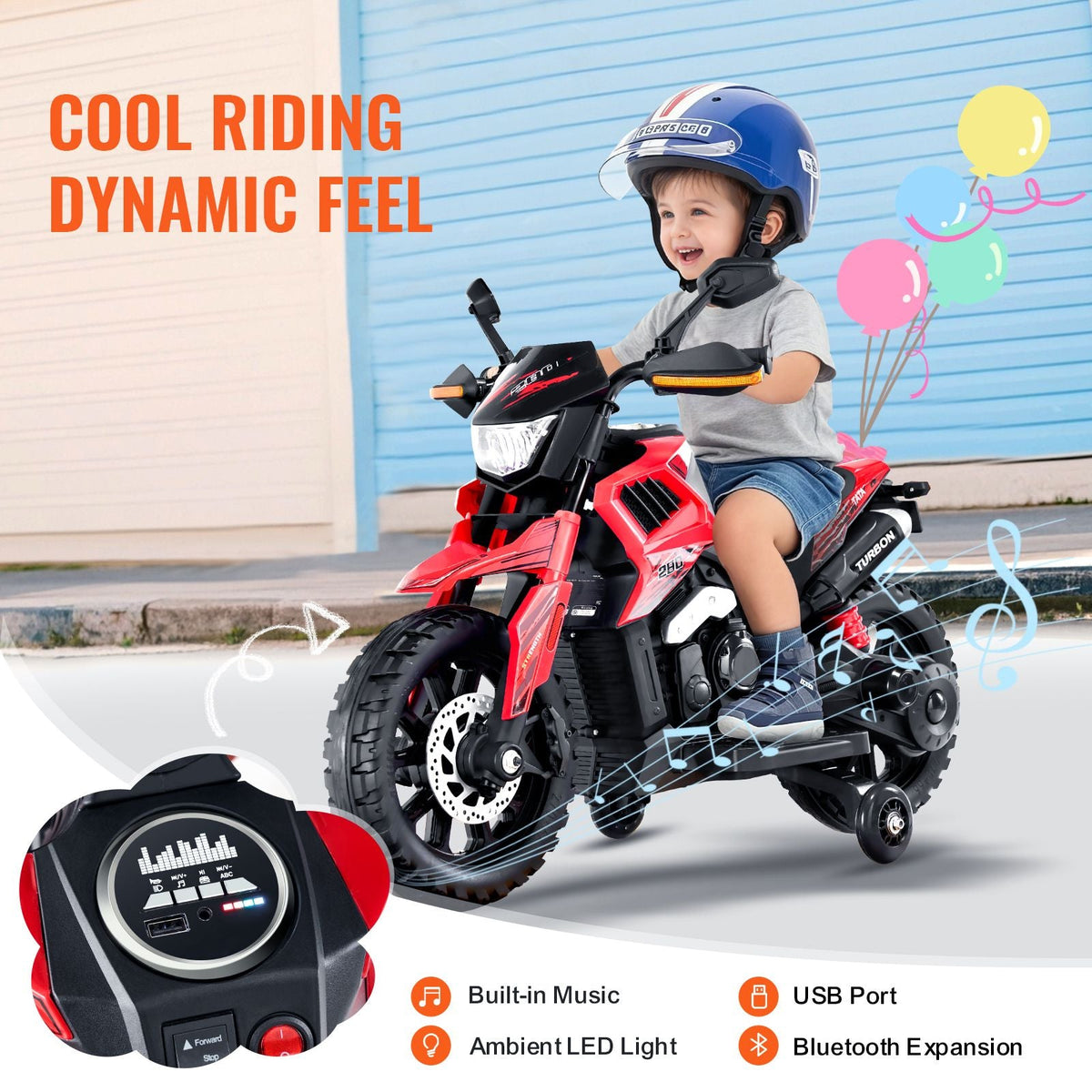 Kids Ride On Motorcycle, 12V Battery Powered Electric Motorcycle with Speed Up to 3mph, Detachable Training Wheels, Headlight, LED Light, Music, Bluetooth, Gift for Children Boys Girls Aged 3-4