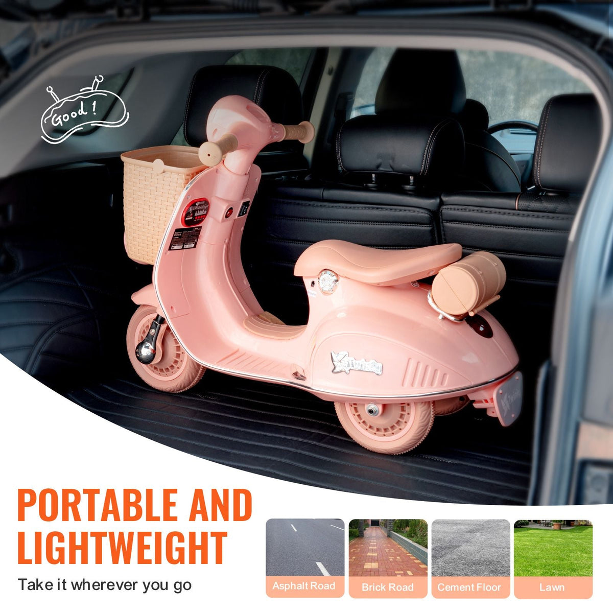 Kids Ride On Motorcycle, 6V Battery Powered Electric Motorcycle Trike with Speed Up to 2mph, Headlight, LED Light, Music, Bluetooth, Basket, 3 Wheel Ride on Toys for Children Boys Girls Aged 3-4