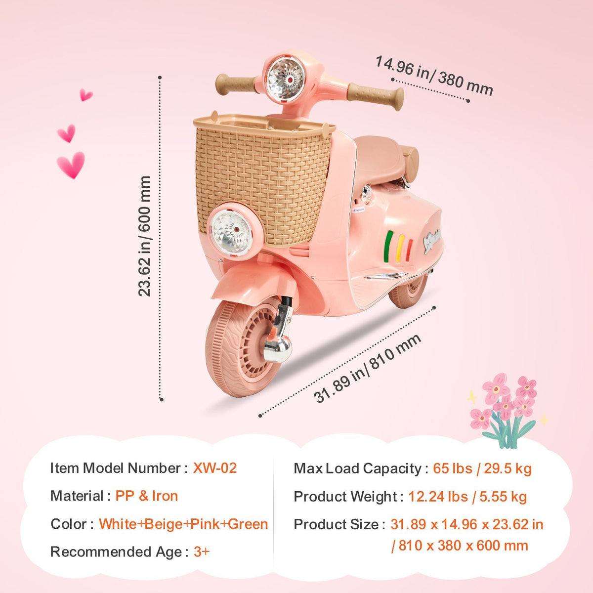Kids Ride On Motorcycle, 6V Battery Powered Electric Motorcycle Trike with Speed Up to 2mph, Headlight, LED Light, Music, Bluetooth, Basket, 3 Wheel Ride on Toys for Children Boys Girls Aged 3-4