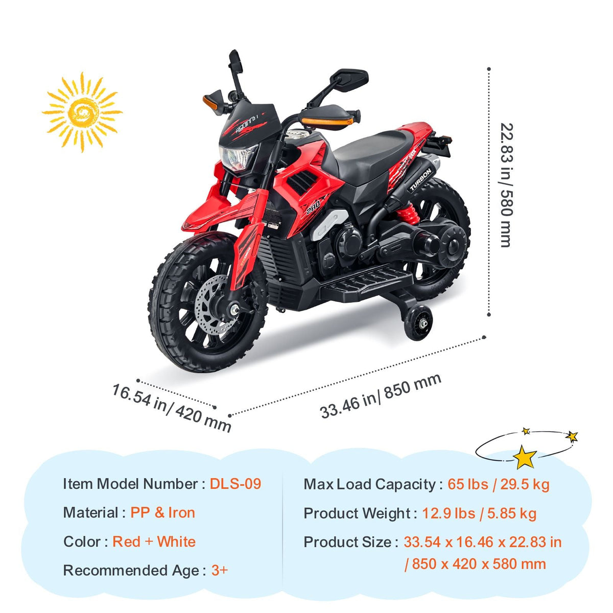 Kids Ride On Motorcycle, 6V Battery Powered Electric Motorcycle with Speed Up to 3mph, Detachable Training Wheels, Headlight, LED Light, Music, Bluetooth, Gift for Children Boys Girls Aged 3-4