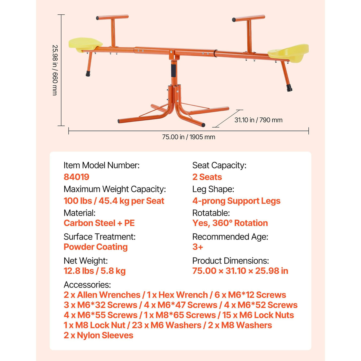 Kids Seesaw, 100 lbs Load Capacity per Seat, Sit and Spin Teeter Totter with 4-prong Support Legs, Kids Outdoor Playground Equipment, Swiveling 360 Degrees Rotating for Children Aged 3+
