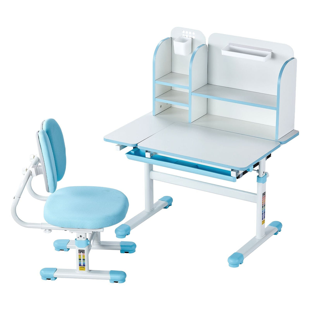 Kids Study Chair and Desk Set, Study Desk and Chair for Kids with Bookshelf & Storage Drawer, Adjustable Height & 0-40° Tilted Desktop Desk and Chair, Study Table for Bedroom & Study Room, Blue