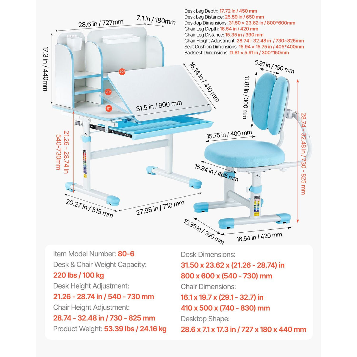 Kids Study Chair and Desk Set, Study Desk and Chair for Kids with Bookshelf & Storage Drawer, Adjustable Height & 0-40° Tilted Desktop Desk and Chair, Study Table for Bedroom & Study Room, Blue