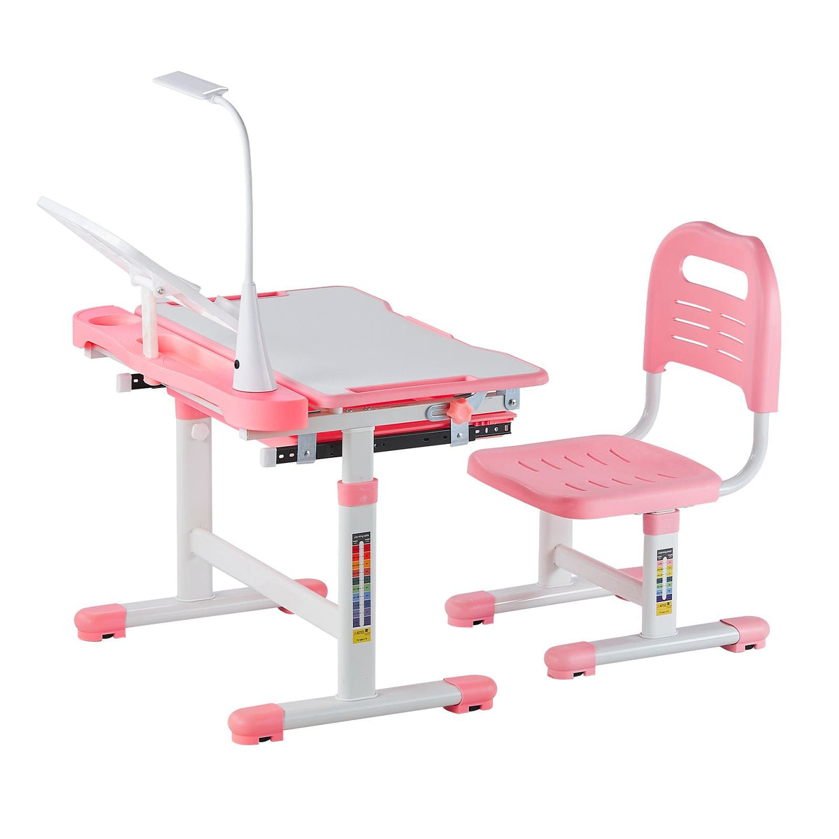 Kids Study Chair and Desk Set, Study Desk and Chair for Kids with Table Lamp, Adjustable Height & 0-40° Tilted Desktop Kids Desk and Chair, Children Study Table for Bedroom & Study Room, Pink