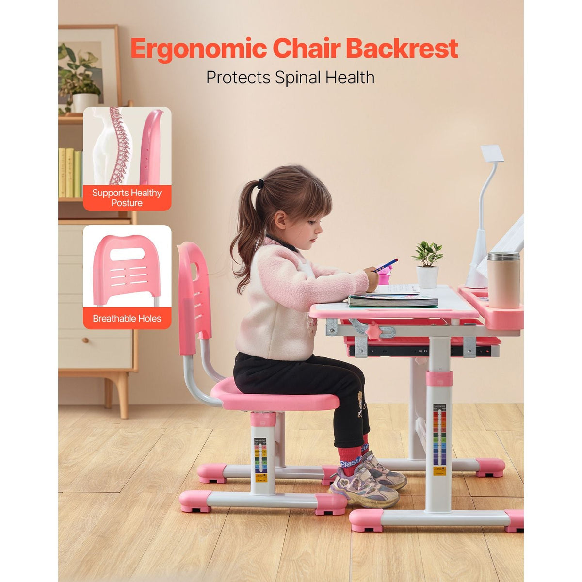 Kids Study Chair and Desk Set, Study Desk and Chair for Kids with Table Lamp, Adjustable Height & 0-40° Tilted Desktop Kids Desk and Chair, Children Study Table for Bedroom & Study Room, Pink