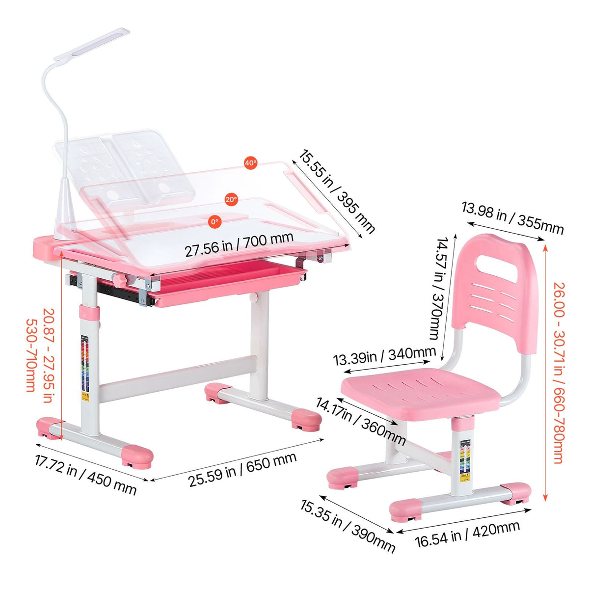 Kids Study Chair and Desk Set, Study Desk and Chair for Kids with Table Lamp, Adjustable Height & 0-40° Tilted Desktop Kids Desk and Chair, Children Study Table for Bedroom & Study Room, Pink