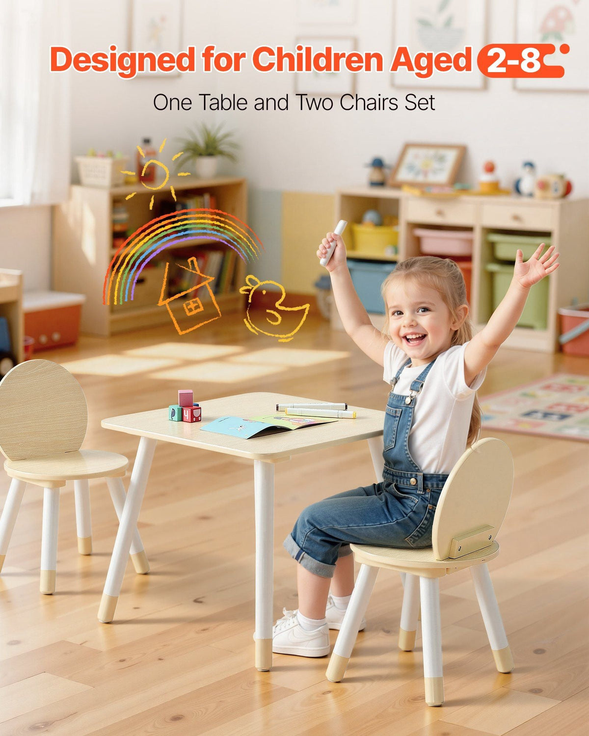 Kids Table and 2 Chairs Set, Toddler Table and Chair Set with Rounded Edge Design & Graffiti Desktop, Wooden Desk for Art, Craft, Reading, Learning, Drawing, Classroom/Daycare/Home, Burlywood
