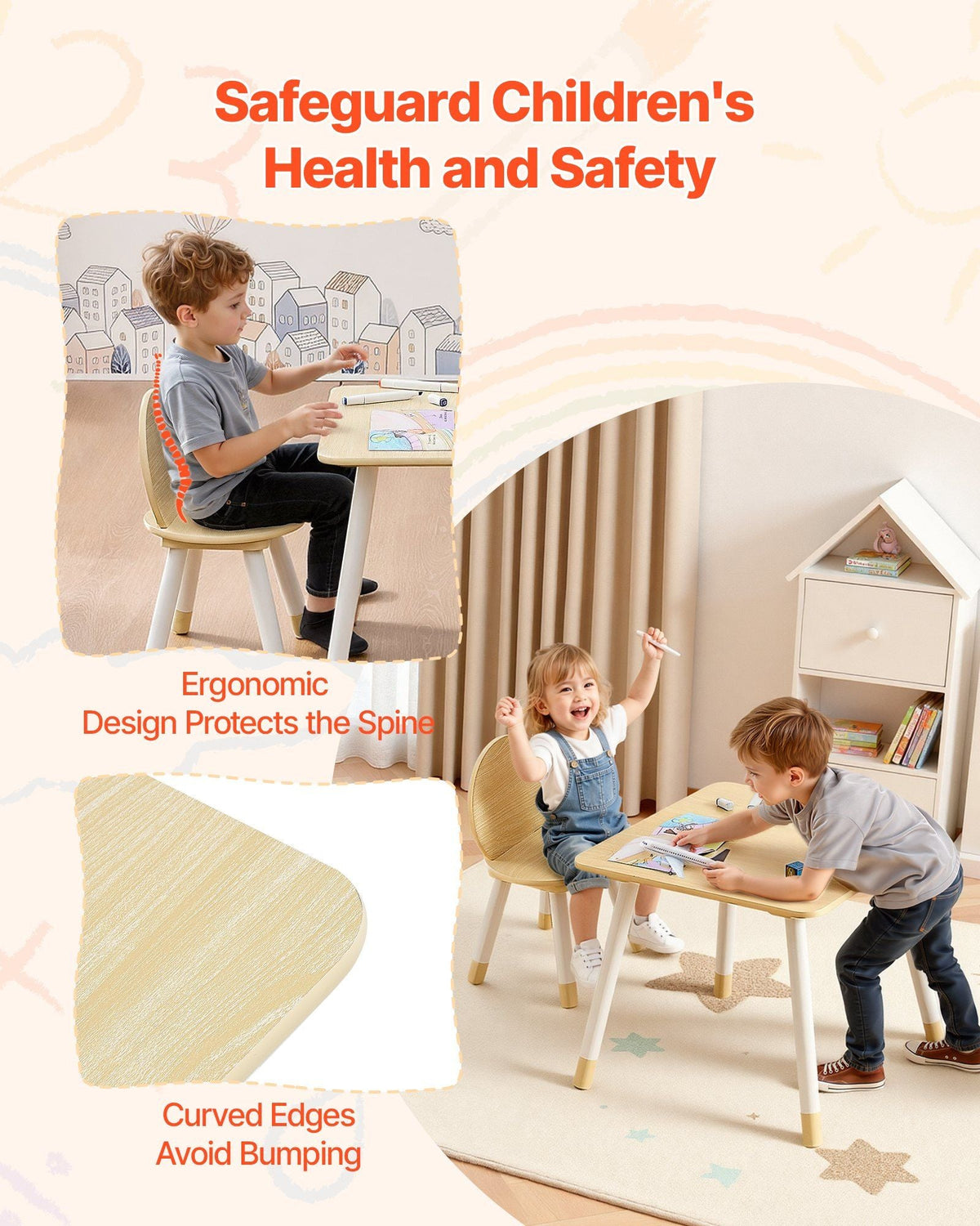 Kids Table and 2 Chairs Set, Toddler Table and Chair Set with Rounded Edge Design & Graffiti Desktop, Wooden Desk for Art, Craft, Reading, Learning, Drawing, Classroom/Daycare/Home, Burlywood