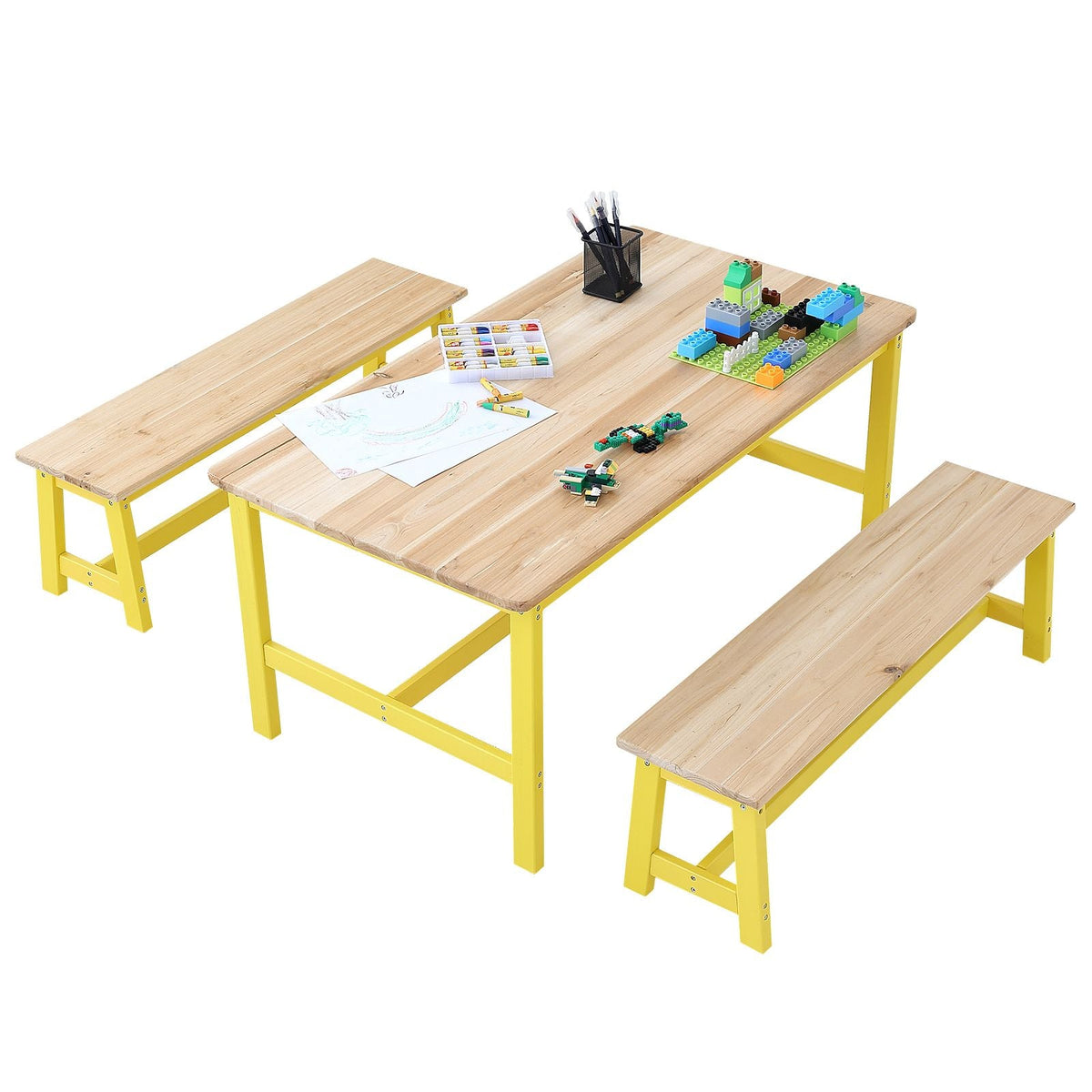 Kids Table and Bench Set, Toddler Table and Chair Set of 3, Wood Activity Table for Art, Craft, Reading, Learning