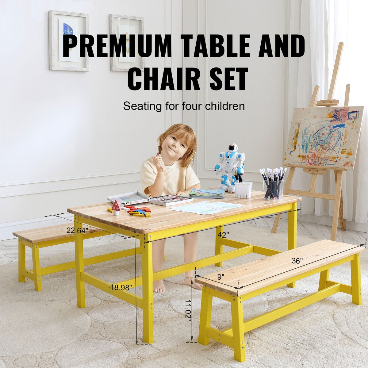 Kids Table and Bench Set, Toddler Table and Chair Set of 3, Wood Activity Table for Art, Craft, Reading, Learning