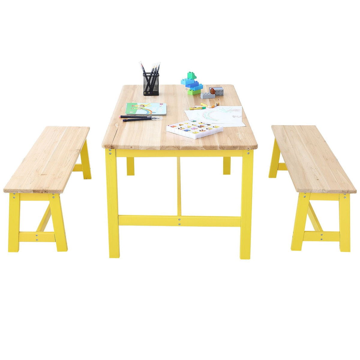 Kids Table and Bench Set, Toddler Table and Chair Set of 3, Wood Activity Table for Art, Craft, Reading, Learning